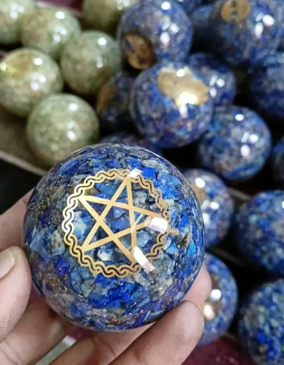 Natural Lapise Lazuli  Orgonite  Sphere With Star logo For Showpiece