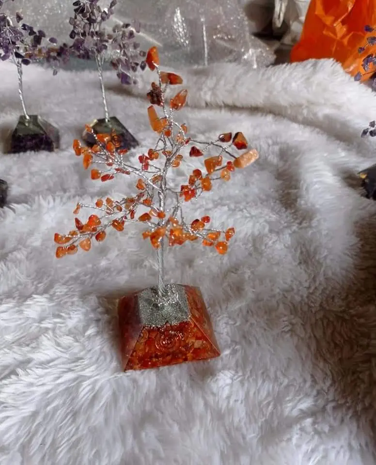 Natural Red Carnelian gemstone Trees With Orgonite pyramid base For Decorative And Showpiece