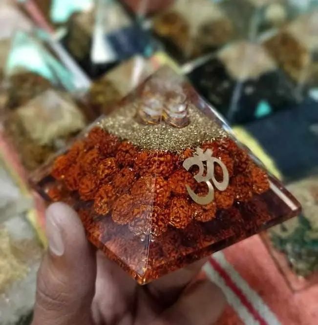 Om logo  Rudra's Beads Orgonite pyramid for showpiece