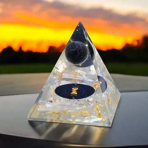 Natural Selenite Orgonite With black Obsidian Sphere Pyramid For Healing and Showpiece
