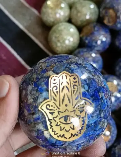 Natural Lapise Lazuli  Orgonite  Sphere With Hamza Hand For Showpiece