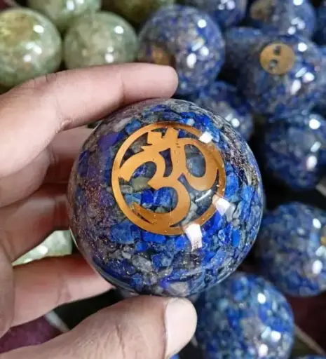 Natural Lapise Lazuli  Orgonite  Sphere With Om logo For Showpiece