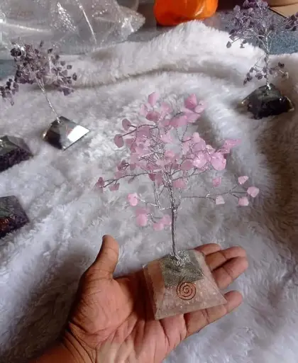 Natural Rose gemstone Trees With Orgonite pyramid base For Decorative And Showpiece