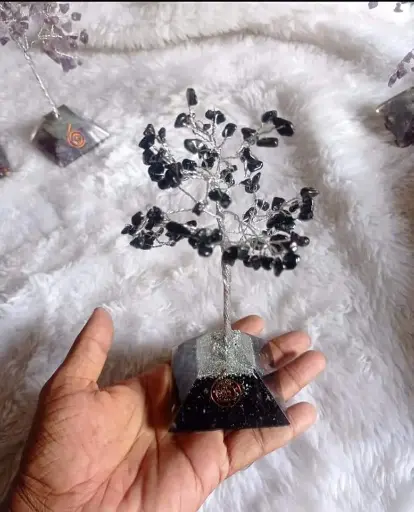 Natural Black Obsidian gemstone Trees With Orgonite pyramid base For Decorative And Showpiece