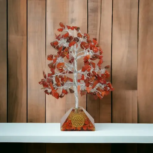 Natural Red Jasper gemstone Trees With Orgonite pyramid base For Decorative And Showpiece