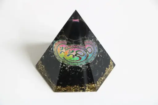 Natural Black Tourmaline Orgone Pyramid OM with Black Tourmaline Sphere Ball