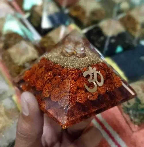 Om logo  Rudra's Beads Orgonite pyramid for showpiece