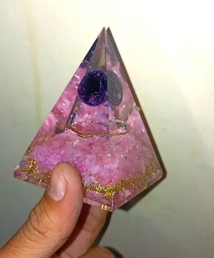 Natural Rose Stone Orgonite Pyramid With Amethyst Sphere For Healing And Showpiece