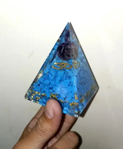 Natural Turquoise Stone With Black Sphere Orgonite Pyramid For Healing and Showpiece