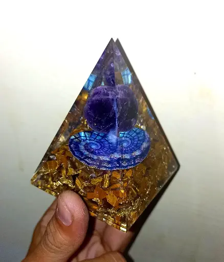 Natural Tiger eye Orgonite pyramid with amethyst sphere