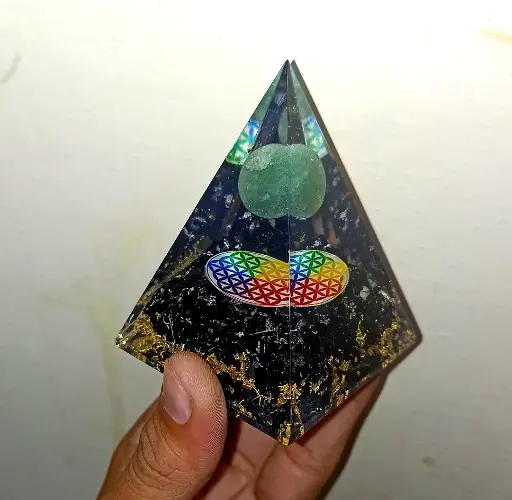 Natural Black Obsidian Orgonite Pyramid With Green Aventurine Sphere for showpiece