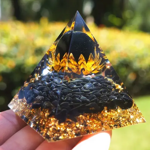 Natural Black Obsidian Orgonite Pyramid With Green Aventurine Sphere for Healing And showpiece